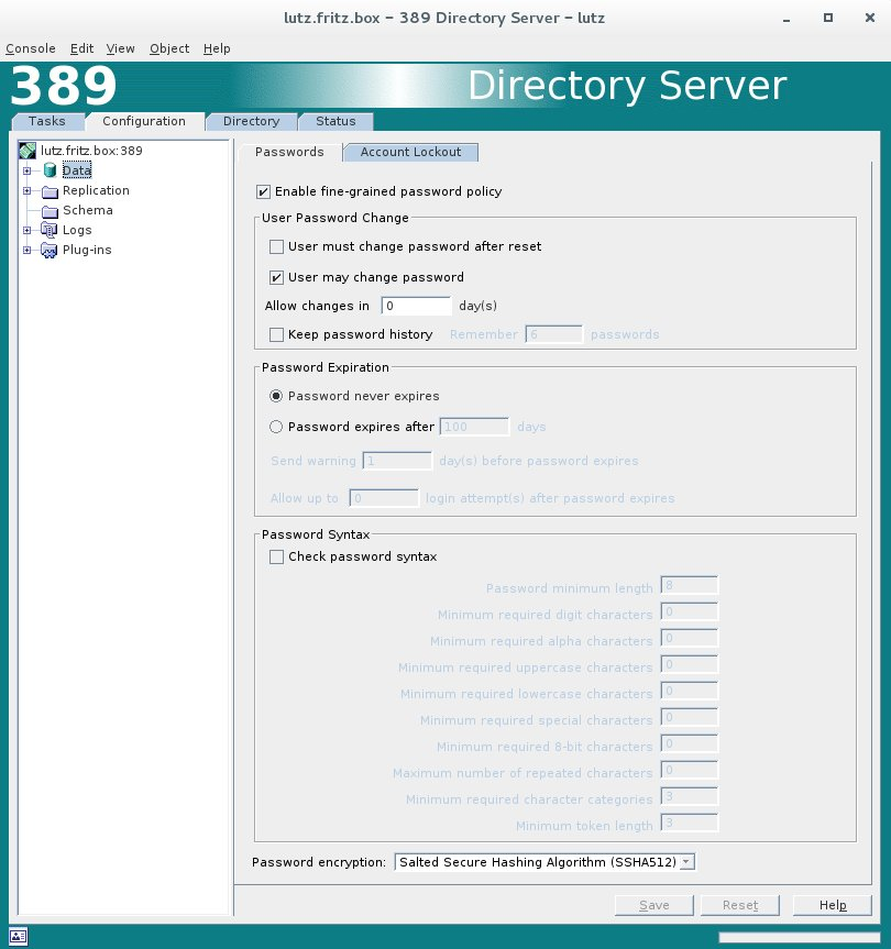 Screenshot der Passwort Policy in der 389-Console